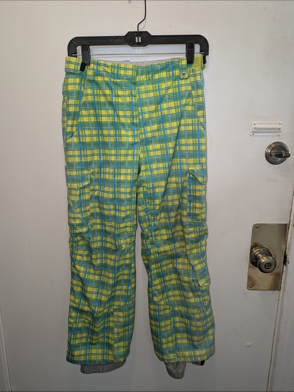 Karbon Neon Yellow & Teal Plaid Snowboard Pants Kids Size 10